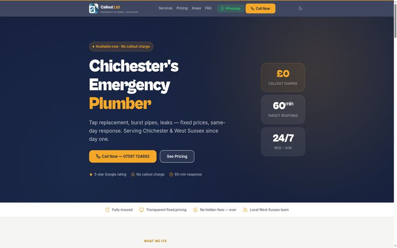 Homepage of Callout Ltd, emergency plumber in Chichester